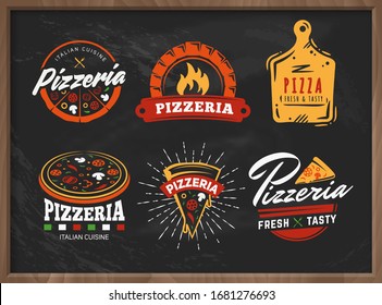 Pizzeria logos. Set of vector badges with pizza, full and slices on vintage chalkboard background. Labels for trattoria, pizzeria, Italian cuisine restaurant of cafe.