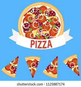 Pizzeria logotype. Pizza cut into pieces. Label for menu design restaurant or pizzeria. Vector illustration.