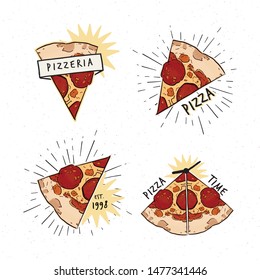 Pizzeria logotypes set. Collection of different logo with pizza slices and inscriptions. - Vector