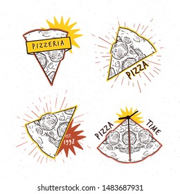 Pizzeria logotypes set. Collection of different logo with pizza slices and inscriptions. - Vector