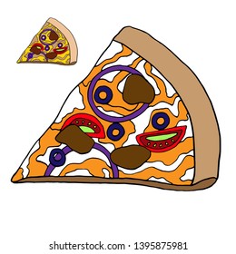 Pizzeria logotypes set. Vector illustration. Pizza slice with melted cheese and pepperoni. Cartoon sticker in comic style. Decoration for greeting cards, posters, patches, prints for clothes, emblems.