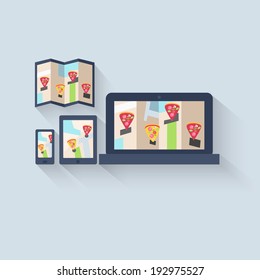Pizzeria map locations displayed on a fold-out paper brochure and online on the screens of a smartphone, tablet and laptop computer, vector illustration