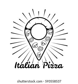 Pizzeria map pointer. Pizza badge Vector illustration isolated on white background