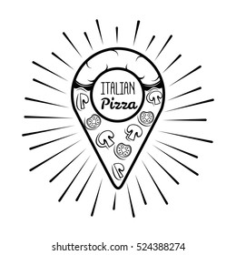 Pizzeria map pointer. Slice of pizza. Italian cuisine. Food Delivery. Vector illustration