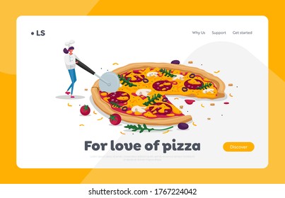 Pizzeria Meal, Bistro Italian Food Cook Landing Page Template. Tiny Female Character in Chef Uniform Hold Knife Cut Huge Pizza with Olives, Mushrooms, Tomato and Sausage. Cartoon Vector Illustration