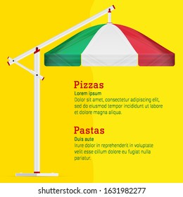 Pizzeria menu background. Umbrella awning in the colors of the italian flag on bright yellow background. Vector illustration.