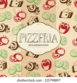 Pizzeria menu design with food icons background for your design
