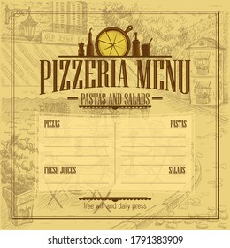 Pizzeria menu list vector mockup, copy space for text, retro style