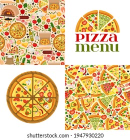 Pizzeria menu pattern set, vector illustration. Printable flyer banner with half, whole pizza. Product elements, ingredients, additives for preparing