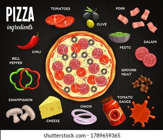 Pizzeria menu, pizza ingredients vector tomatoes, olive and pork, salami, pesto and ground meat with tomato sauce. Onion, cheese and champignon, bell pepper and chili, fast food pizza top view meal