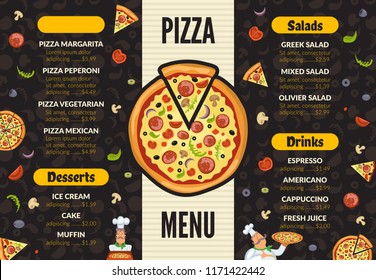 Pizzeria menu template. Italian kitchen cuisine food pizza ingredients cooking lunch and desserts vector background. Pizza menu, pizzeria with dessert and salad illustration