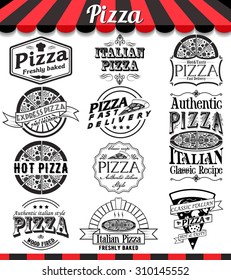 Pizzeria menu vintage design elements and badges set. Collection of vector pizza signs, symbols and icons. See more in set "Labels" of my portfolio