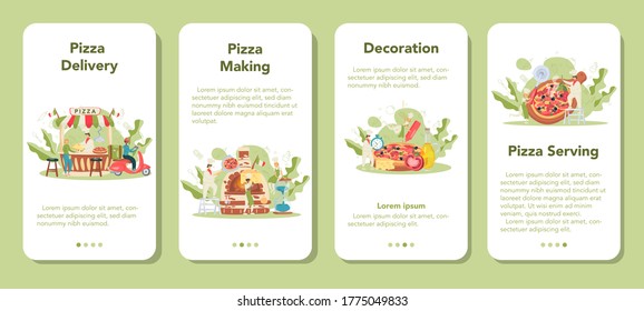 Pizzeria mobile application banner set. Chef cooking tasty delicious pizza. Italian food. Salami and mozarella cheese, tomato slice. Isolated vector illustration in cartoon style