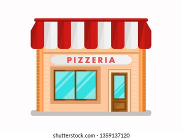 Pizzeria Modern Building Flat Vector Illustration. Cartoon Cafe Front View. Bistro with White and Red Striped Awning. Cafeteria with Big Windows. Family Italian Restaurant Facade, Exterior