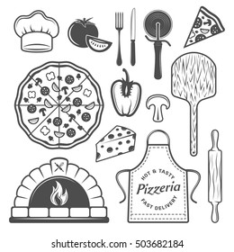 Pizzeria monochrome elements set with cooked product and vegetables uniform of chef culinary utensils isolated vector illustration