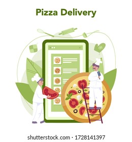 Pizzeria online service or platform. Chef cooking tasty delicious pizza. Italian food delivery. Isolated vector illustration in cartoon style