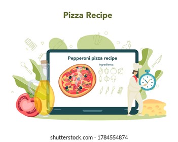 Pizzeria online service or platform. Chef cooking tasty delicious pizza. Italian food. Online recipe. Isolated vector illustration