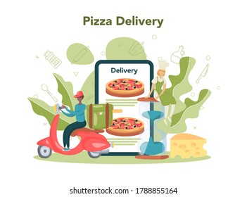 Pizzeria online service or platform. Chef cooking tasty delicious pizza. Italian food. Pizza delivery. Isolated vector illustration