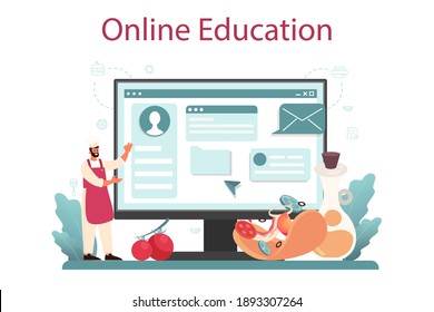 Pizzeria online service or platform. Chef cooking tasty delicious pizza. Italian food. Online education. Isolated vector illustration in cartoon style