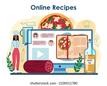 Pizzeria online service or platform. Chef cooking tasty delicious pizza. Italian food. Salami and mozarella cheese, tomato slice. Online recipe. Flat vector illustration