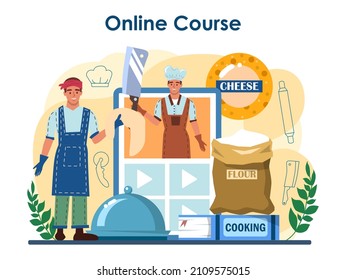 Pizzeria online service or platform. Chef cooking tasty delicious pizza. Italian food. Salami and mozarella cheese, tomato slice. Online course. Flat vector illustration