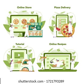 Pizzeria online service or platform set. Chef cooking tasty delicious pizza. Italian food. Online shop, delivery, recipe or video tutorial. Isolated vector illustration in cartoon style