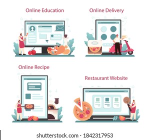Pizzeria online service or platform set. Chef cooking tasty delicious pizza. Italian food. Online education, delivery, recipe, website. Isolated vector illustration in cartoon style