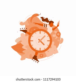 Pizzeria opening time. Vector illustration of clock with pizza ingredients and young woman with slice isolated on white background.
