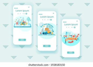 Pizzeria Order Delivery Onboarding Screen Template. Pizza Creating, Toppings Choosing Mobile App Pages Vector Layout Set. Restaurant Courier Tracking Smartphone Application Flat Vector Design