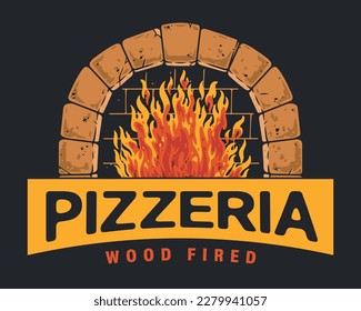 Pizzeria oven vintage colorful poster with fire among bricks to prepare traditional pizza with smell of wood smoke vector illustration