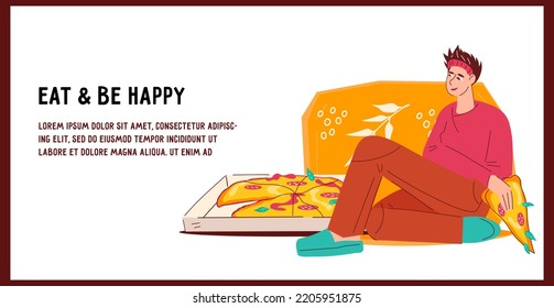 Pizzeria Pizza Delivery Banner Or Flyer Mockup With Happy Client Enjoying Ordered Food At Home, Flat Cartoon Vector Illustration. Italian Pizza Delivery Poster Or Leaflet For Typography And Web.