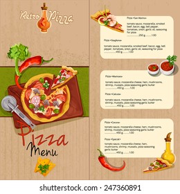 Pizzeria pizza restaurant menu template with ingredients oil and seasoning vector illustration.