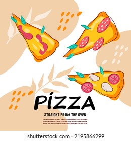 Pizzeria or pizza take away banner or flyer design, hand drawn vector illustration.
