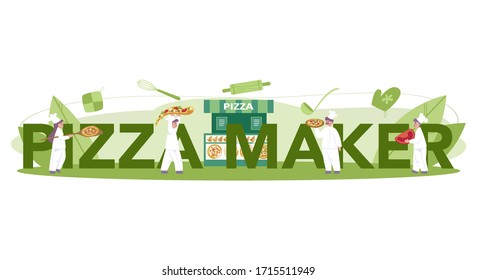 Pizzeria, pizzamaker typographic header concept. Chef cooking tasty delicious pizza. Italian food. Salami and mozarella cheese, tomato slice. Isolated vector illustration in cartoon style