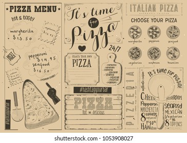 Pizzeria Placemat - Craft Paper Menu Template for Pizza House with Place for Text in Vintage Style. Italian Cuisine. Vector Illustration.