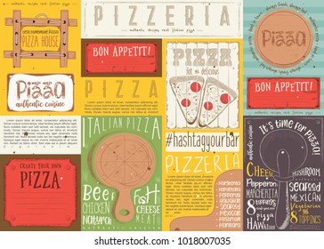 Pizzeria Placemat - Paper Napkin for Pizza House with Place for Text in Retro Colorful Style. Italian Menu. Vector Illustration.