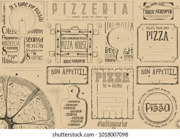 Pizzeria Placemat - Paper Napkin for Pizza House with Place for Text in Retro Style. Italian Menu. Retro Craft Paper Design. Vector Illustration.
