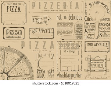 Pizzeria Placemat - Paper Napkin for Pizza House with Place for Text in Retro Style. Big Pizza on Craft Paper. Vector Illustration.