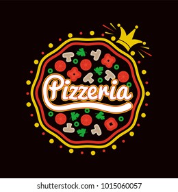 Pizzeria promotional logotype with whole pizza full of mushrooms and small gold crown isolated cartoon flat vector illustration on white background.