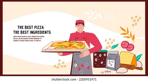 Pizzeria Restaurant Banner Or Flyer Mockup With Cook Taking Of Oven Fresh Pizza, Flat Cartoon Vector Illustration. Italian Pizza Delivery Poster Or Leaflet Design For Typography And Web.