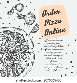 Pizzeria or restaurant, cafe or bistro offer for online order and quick delivery. Fast food for lunches or dinner. Promotional banner or poster with discounts and sales. Vector in flat style