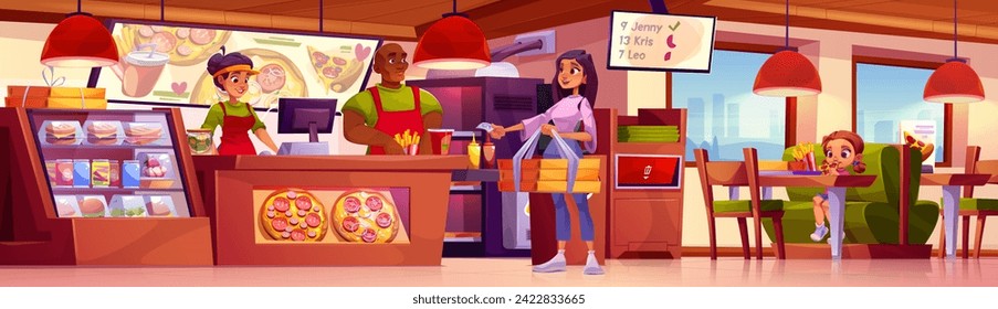 Pizzeria restaurant or cafe interior with workers and customers. Cartoon vector of fast food cafeteria inside with tables and counter, male and female operator, woman with pizza in box to go, kid eat.