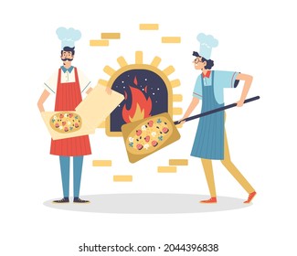 Pizzeria Restaurant Chefs Near Burning Stove Baking Pizza, Flat Vector Illustration Isolated On White Background. Cooks Of Italian Restaurant Making And Packing Pizza.