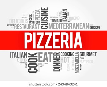 Pizzeria - a restaurant or establishment where pizzas are made and sold, word cloud concept background