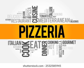 Pizzeria - a restaurant or establishment where pizzas are made and sold, word cloud concept background