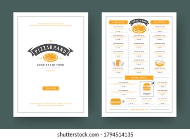 Pizzeria restaurant menu layout design brochure or flyer template vector illustration. Fast food logo with vintage typographic decoration elements and fast food graphics.