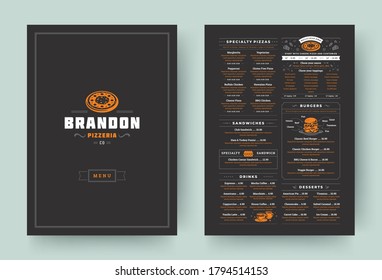 Pizzeria restaurant menu layout design brochure or flyer template vector illustration. Fast food logo with vintage typographic decoration elements and fast food graphics.