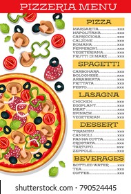 Pizzeria restaurant menu template with pizza and vegetables set vector illustration