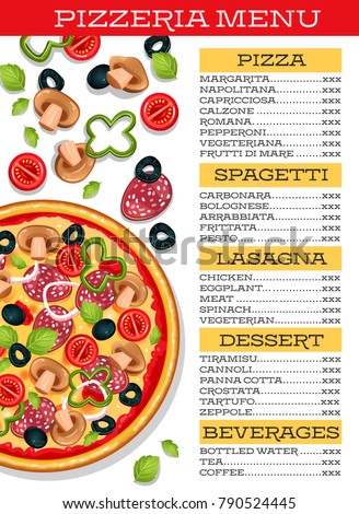 pizzeria restaurant menu template pizza vegetables stock vector