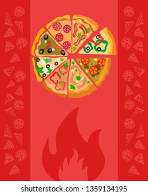 Pizzeria, Restaurant Poster Color Vector Template. Cafeteria, Cafe Menu with Text Space. Different Pizza Flavours Price List Layout. Napolitana, Stagioni Slices. Vegetarian and Classic Italian Dishes
